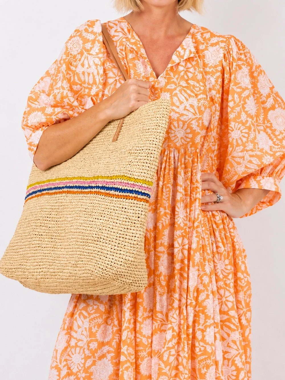 Hat Attack Raffia Straw Tote Multicolor Stripe Leather Handles Boho Beach Bag